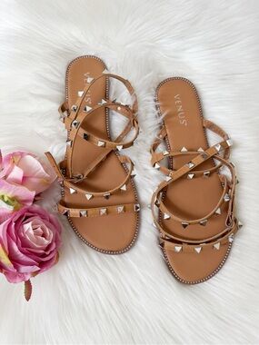 VENUS Tan Pyramid-Stud Wrap Gladiator Sandals